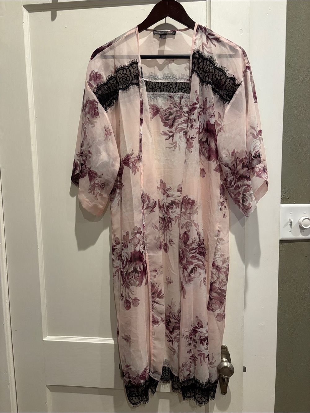 Midnight Bakery Pink and Black Floral Lace-Trim Lightweight Sheer Kimono Robe